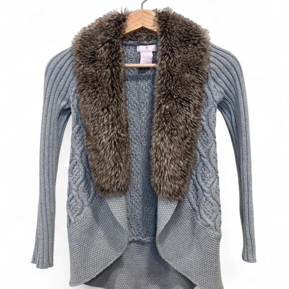 Lulu Rain Sweaters - Y2K Faux Fur Collar Cable Knit Cropped Cardigan Grey XXS
